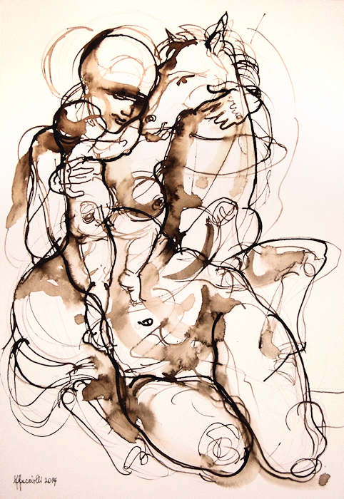 Fernanda Facciolli, "The Gorgon Medusa and her two sons Pegasus and Chrysaor", pastels and mordent, on paper, 50x35 cm, 2017.